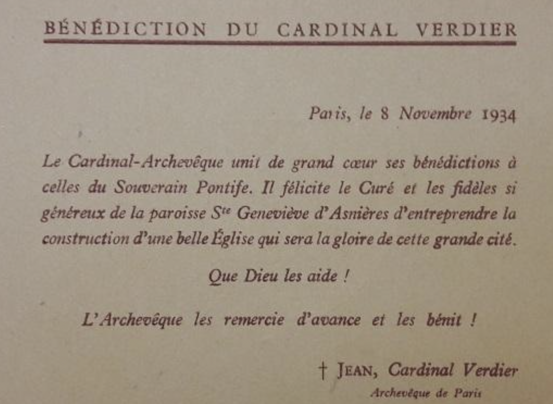 Bénédiction par le Cardinal Verdier